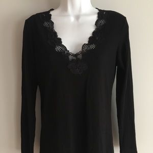 Natori Feathers Women's Black Long Sleeve Lace V-Neck Pajama Top Size M